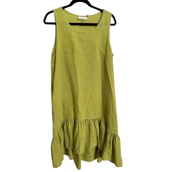 Bryn Walker Chartreuse Green Linen Tiered Ruffle Tank Dress Small